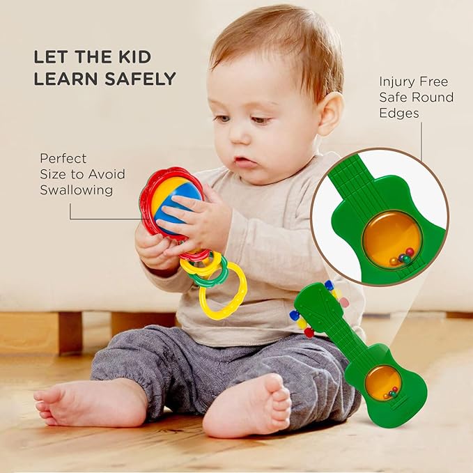 Mee Mee BPA Free Baby Rattles Set, Rattle Gift Set, Made of Food Grade Plastic, Grab Rattles and Soothing Teethers for Babies & Infants, Early Age Toys for Kids (Pack of 3, Multicolor