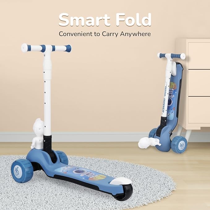 R for Rabbit Road Runner Astro Kids Scooter, Multi Level Adjustable Height, Smart Fold & PU LED Wheels Kick Scooter with Brake for 3+ Years Kids, Weight Capacity Upto 75kgs (block-Blue)