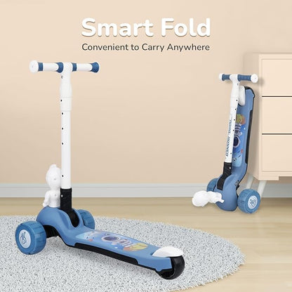 R for Rabbit Road Runner Astro Kids Scooter, Multi Level Adjustable Height, Smart Fold & PU LED Wheels Kick Scooter with Brake for 3+ Years Kids, Weight Capacity Upto 75kgs (block-Blue)