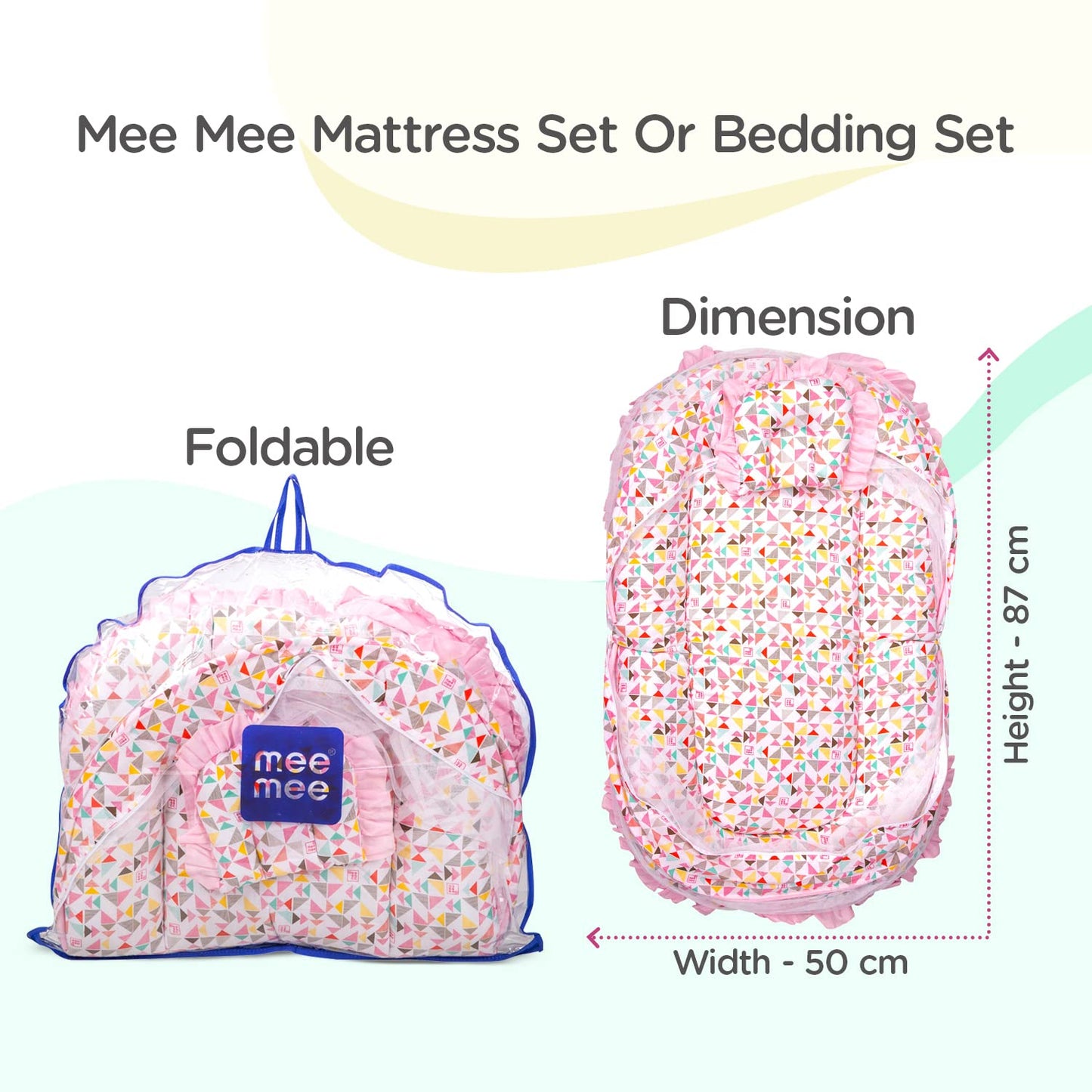 Mee Mee Soft Bed Mattress Set | with Mosquito Net, Neck Pillow & Zip Closure | 100% Cotton Newborn Baby Bedding | with Travel-Friendly Baby Bed | for 0+ Months (Orange)