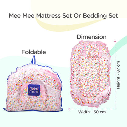 Mee Mee Soft Bed Mattress Set | with Mosquito Net, Neck Pillow & Zip Closure | 100% Cotton Newborn Baby Bedding | with Travel-Friendly Baby Bed | for 0+ Months (Orange)