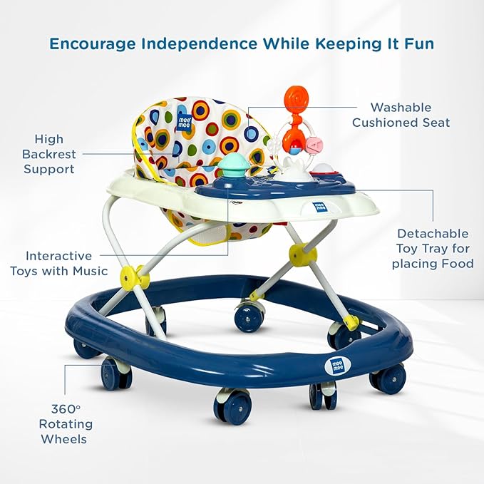 Mee Mee Baby Walker with 3-Level Adjustable Height | Musical & Detachable Food Tray | 360° Wheels, Soft Cushion Seat, BIS Certified | Baby Activity Walker for 6–18 Months, Up to 15Kg (Blue)