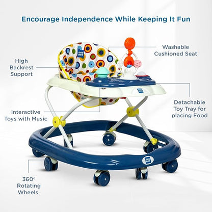 Mee Mee Baby Walker with 3-Level Adjustable Height | Musical & Detachable Food Tray | 360° Wheels, Soft Cushion Seat, BIS Certified | Baby Activity Walker for 6–18 Months, Up to 15Kg (Blue)