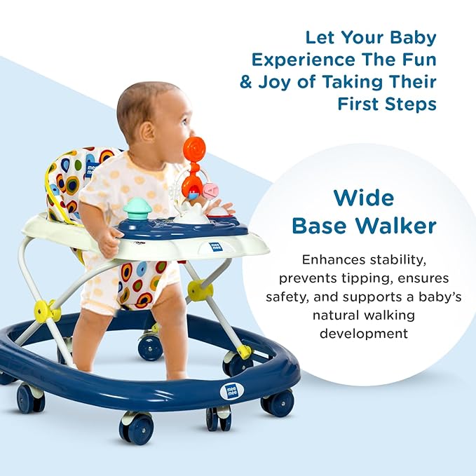 Mee Mee Baby Walker with 3-Level Adjustable Height | Musical & Detachable Food Tray | 360° Wheels, Soft Cushion Seat, BIS Certified | Baby Activity Walker for 6–18 Months, Up to 15Kg (Blue)