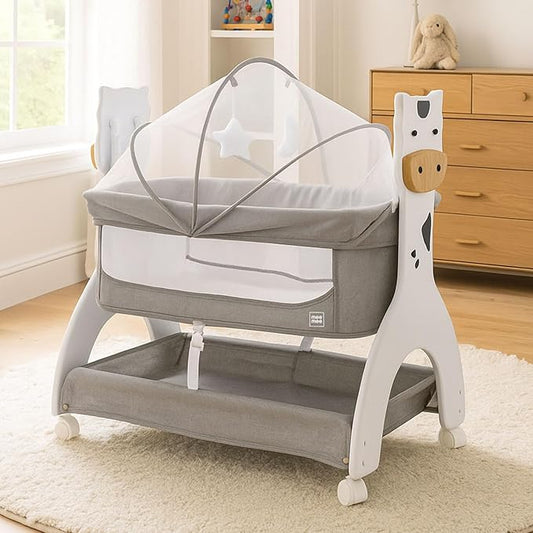 Mee Mee 2 in 1 Manual Swing Wooden Cradle Convertible Cot Bassinet for Newborn Baby with Mosquito Net & Mattress Pad, with Wheel Lock for Kids 0-18 Month Infants| Carries up to 15kgs (Grey)