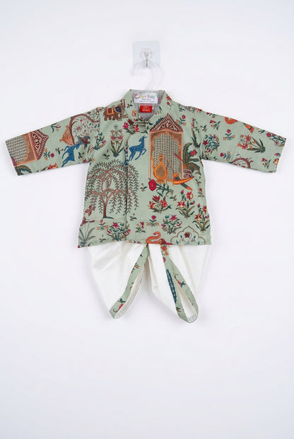 Boys Ethnic Wear Set – Sage Green Printed Kurta with White Dhoti Pants
