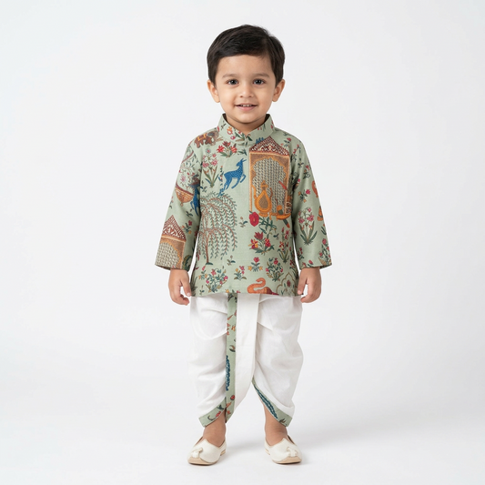Boys Ethnic Wear Set – Sage Green Printed Kurta with White Dhoti Pants