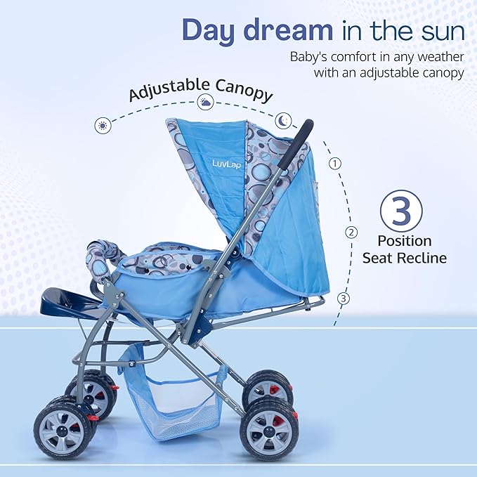 LuvLap Starshine Baby Stroller/Pram for 0 to 3 Years, New Born/Toddler/Kid, Lightweight, Adjustable backrest, 360° Swivel Wheel, Large Storage Basket, Reversible Handlebar (Sky Blue)