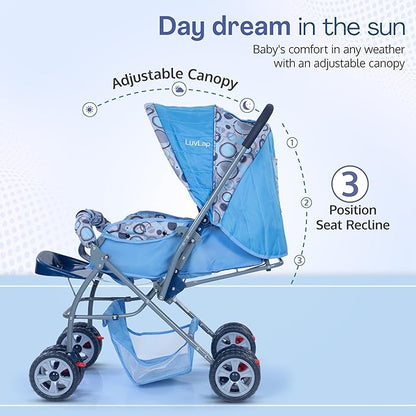LuvLap Starshine Baby Stroller/Pram for 0 to 3 Years, New Born/Toddler/Kid, Lightweight, Adjustable backrest, 360° Swivel Wheel, Large Storage Basket, Reversible Handlebar (Sky Blue)