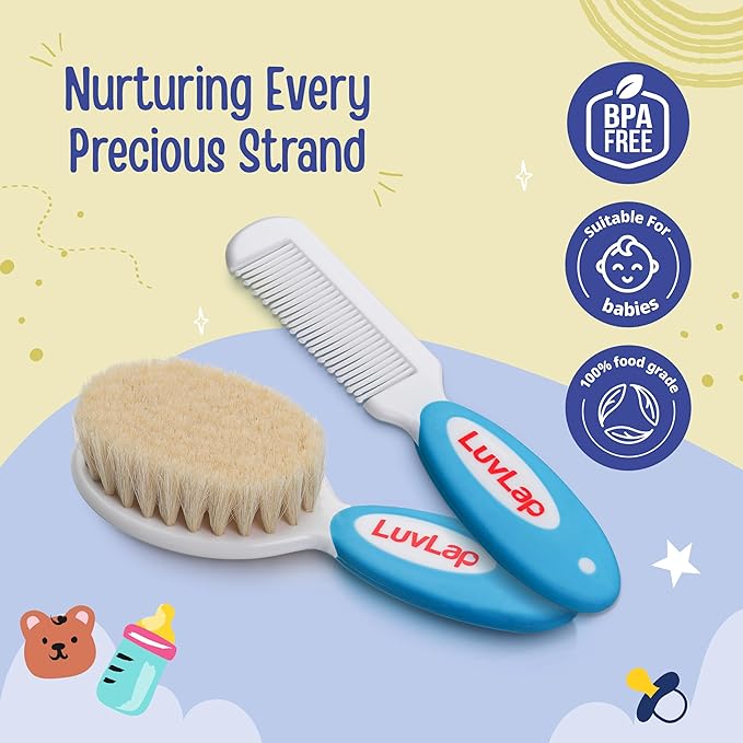 LuvLap Baby Comb with Rounded Tip & Baby Hair Brush with Natural Bristles for Baby Hair Grooming& Better Protection of Baby's Scalp (White & Blue)
