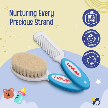 LuvLap Baby Comb with Rounded Tip & Baby Hair Brush with Natural Bristles for Baby Hair Grooming& Better Protection of Baby's Scalp (White & Blue)