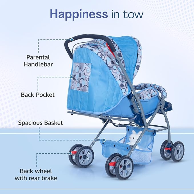 LuvLap Starshine Baby Stroller/Pram for 0 to 3 Years, New Born/Toddler/Kid, Lightweight, Adjustable backrest, 360° Swivel Wheel, Large Storage Basket, Reversible Handlebar (Sky Blue)