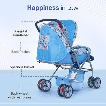 LuvLap Starshine Baby Stroller/Pram for 0 to 3 Years, New Born/Toddler/Kid, Lightweight, Adjustable backrest, 360° Swivel Wheel, Large Storage Basket, Reversible Handlebar (Sky Blue)