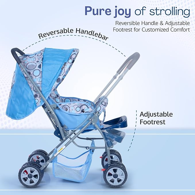 LuvLap Starshine Baby Stroller/Pram for 0 to 3 Years, New Born/Toddler/Kid, Lightweight, Adjustable backrest, 360° Swivel Wheel, Large Storage Basket, Reversible Handlebar (Sky Blue)