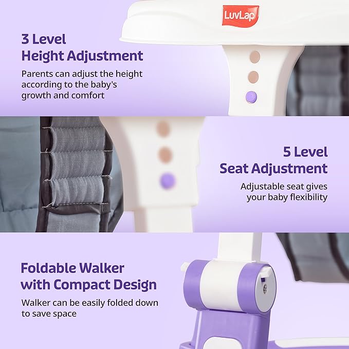 LuvLap Elegant 360° Baby Walkers for 6-18 Months | 3 Level Height Adjustment Walker/Advanced Baby Activity Walker for Kids, Walker for Boys & Girls, Purple