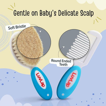 LuvLap Baby Comb with Rounded Tip & Baby Hair Brush with Natural Bristles for Baby Hair Grooming& Better Protection of Baby's Scalp (White & Blue)