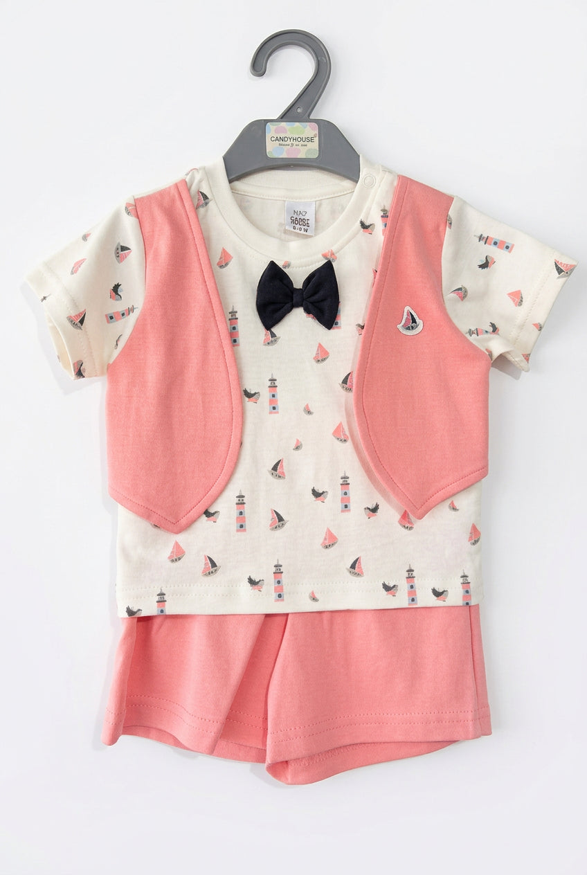 Baby Girl Pink Shorts Set with Bow Tie & Sailboat Print T-Shirt