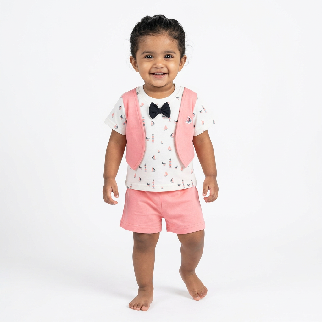 Baby Girl Pink Shorts Set with Bow Tie & Sailboat Print T-Shirt