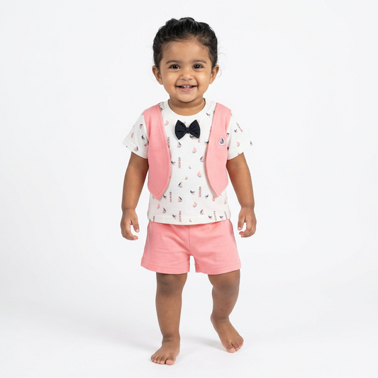 Baby Girl Pink Shorts Set with Bow Tie & Sailboat Print T-Shirt