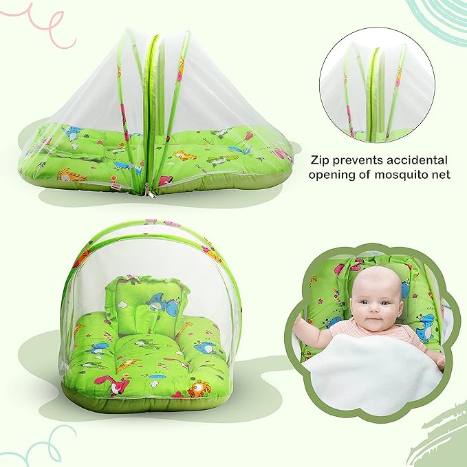 LuvLap Cotton Baby Mattress with Mosquito Net, Light Green