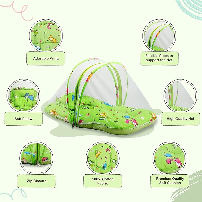 LuvLap Cotton Baby Mattress with Mosquito Net, Light Green