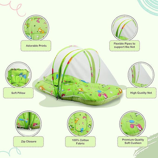 LuvLap Cotton Baby Mattress with Mosquito Net, Light Green