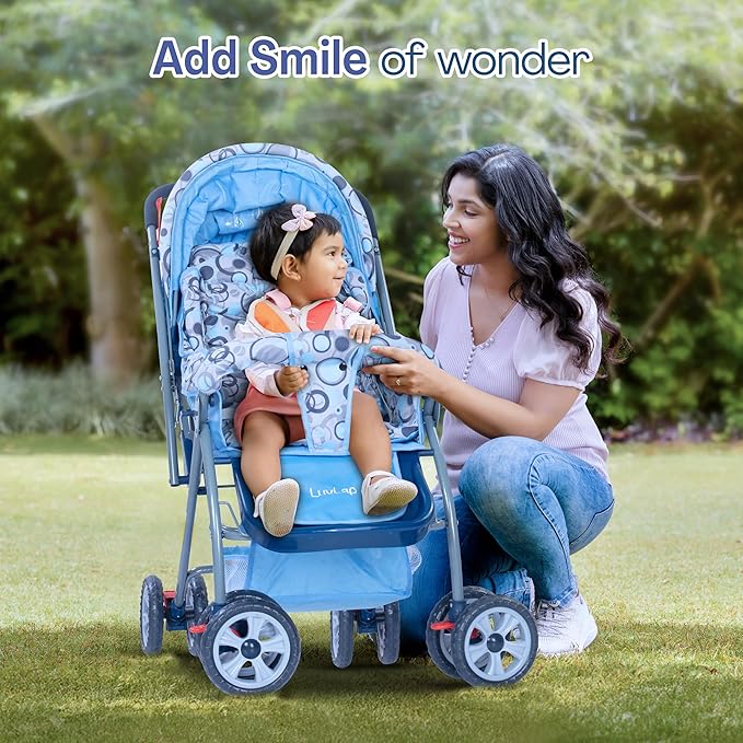 LuvLap Starshine Baby Stroller/Pram for 0 to 3 Years, New Born/Toddler/Kid, Lightweight, Adjustable backrest, 360° Swivel Wheel, Large Storage Basket, Reversible Handlebar (Sky Blue)