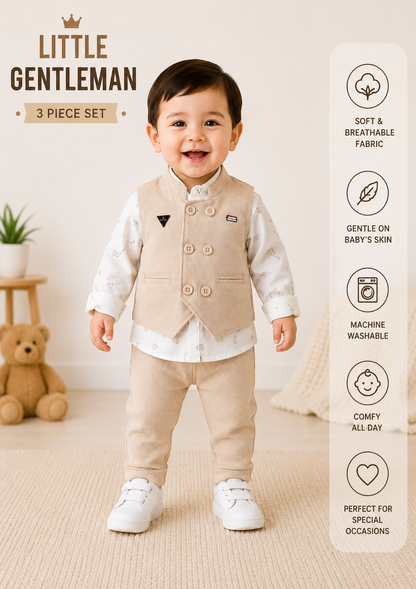 Baby Boys Premium Formal Waistcoat Clothing Set (Beige)| 6-12 Months