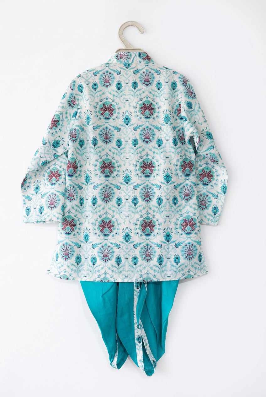 Boys’ Traditional Kurta Pajama Set in Aqua Floral Print