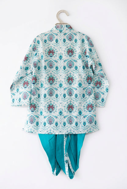Boys’ Traditional Kurta Pajama Set in Aqua Floral Print