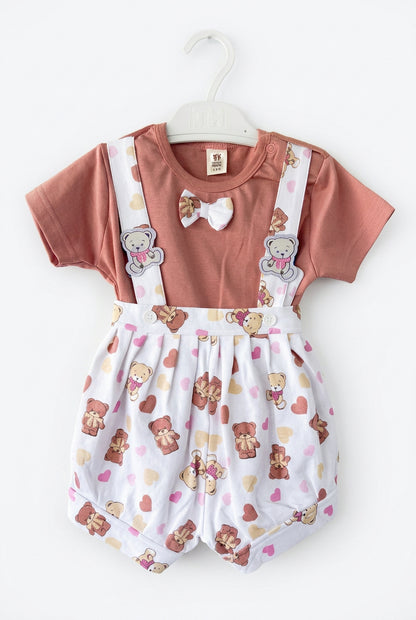 Cute Baby Brown T-Shirt & Teddy Bear Printed Suspender Shorts Set