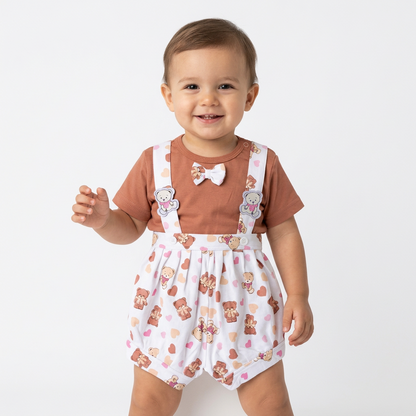 Cute Baby Brown T-Shirt & Teddy Bear Printed Suspender Shorts Set