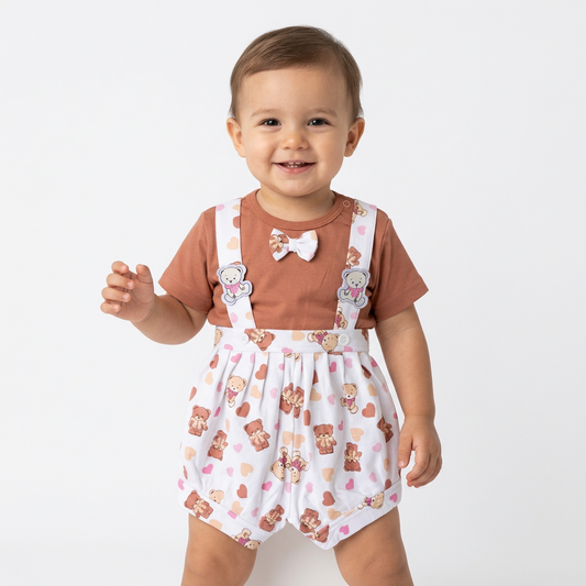 Cute Baby Brown T-Shirt & Teddy Bear Printed Suspender Shorts Set