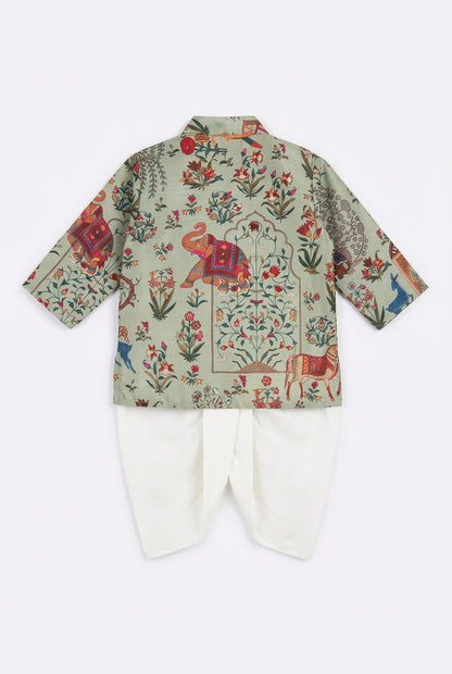 Boys Ethnic Wear Set – Sage Green Printed Kurta with White Dhoti Pants
