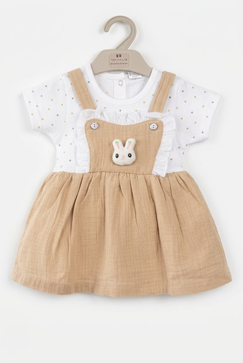 Apple house frock Baby Girl Beige Pinafore Dress with Cute Bunny