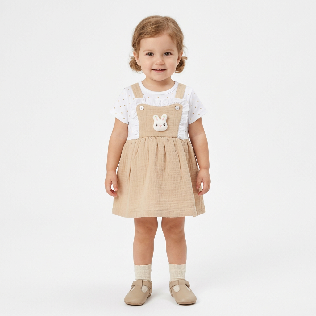 Apple house frock Baby Girl Beige Pinafore Dress with Cute Bunny