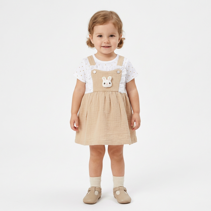 Apple house frock Baby Girl Beige Pinafore Dress with Cute Bunny