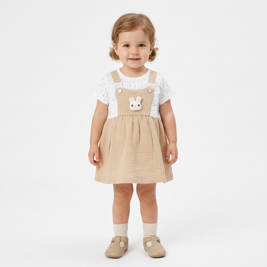 Apple house frock Baby Girl Beige Pinafore Dress with Cute Bunny