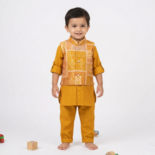 Mustard Yellow Ethnic Kurta Set for Boys with Printed Nehru Jacket