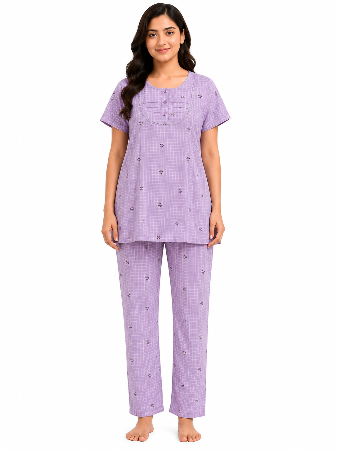 Women's Lavender Feeding Night Suit with Maternity Pant