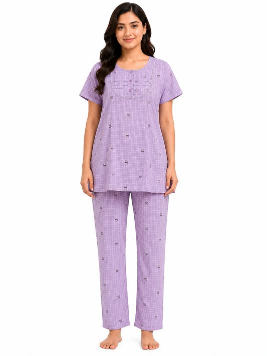 Women's Lavender Feeding Night Suit with Maternity Pant