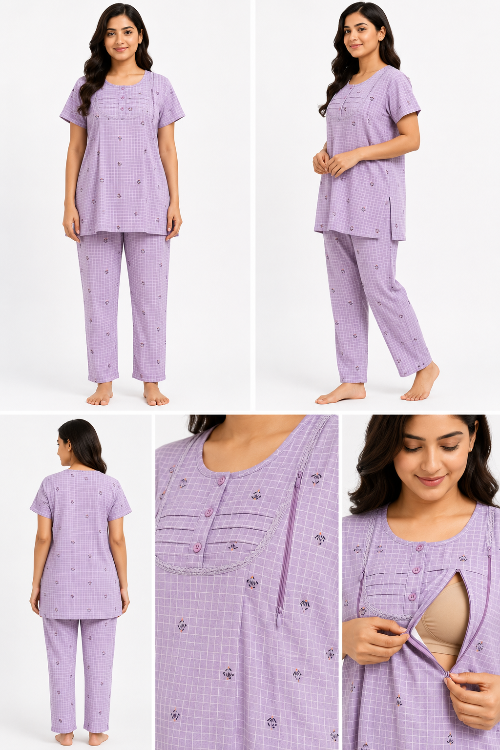 Women's Lavender Feeding Night Suit with Maternity Pant