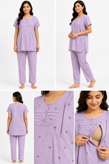 Women's Lavender Feeding Night Suit with Maternity Pant