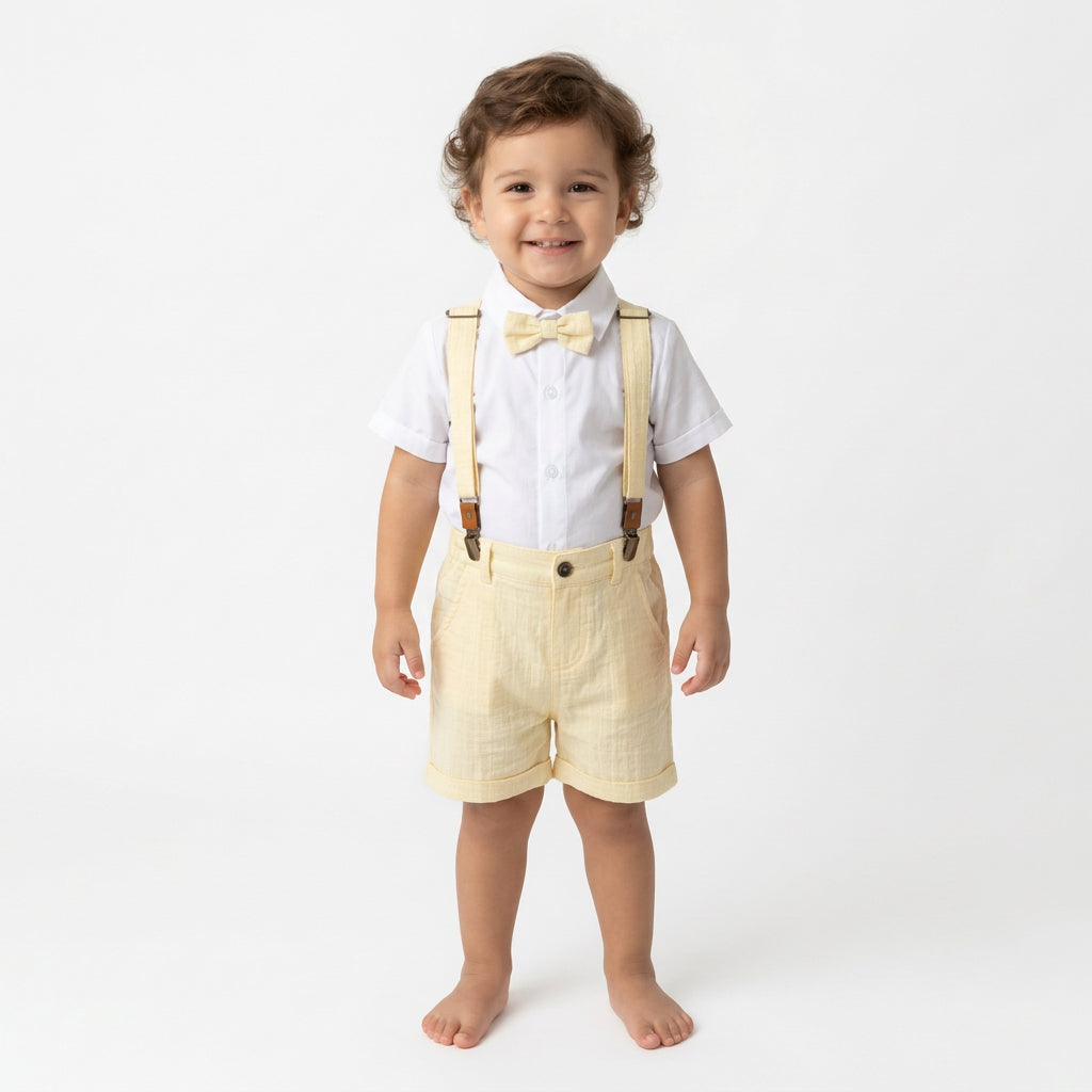 Toffyhouse Baby Boy Cream Shirt and Shorts Set with Bow Tie & Suspenders