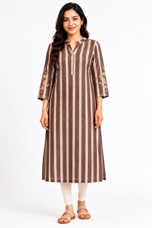 Women's Feeding Kurti – Brown Vertical Stripe Maternity & Nursing Kurta
