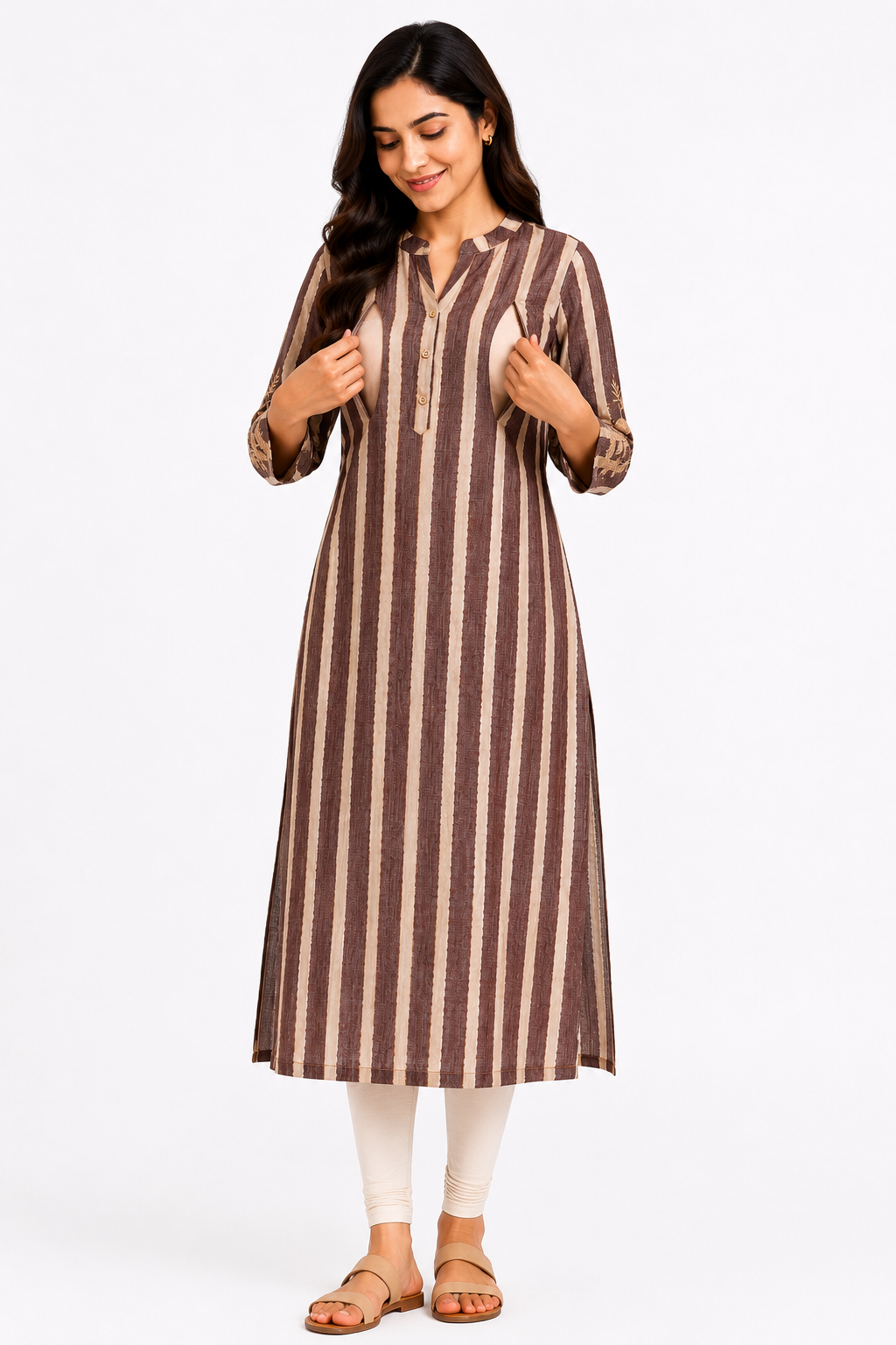 Women's Brown & Beige Striped Feeding Kurti | Rayon Maternity & Nursing Wear | XL
