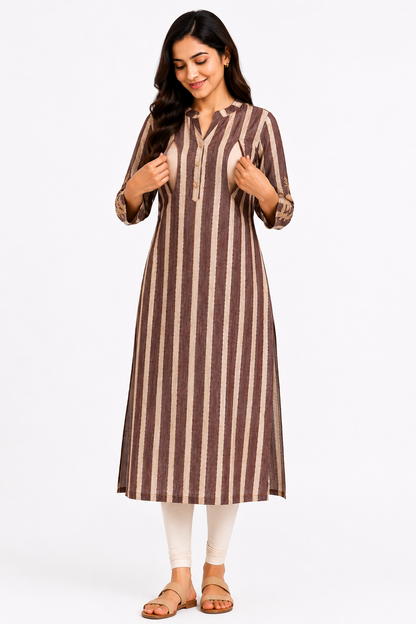 Women's Brown & Beige Striped Feeding Kurti | Rayon Maternity & Nursing Wear | XL