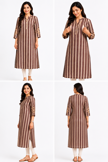 Women's Brown & Beige Striped Feeding Kurti | Rayon Maternity & Nursing Wear | XL