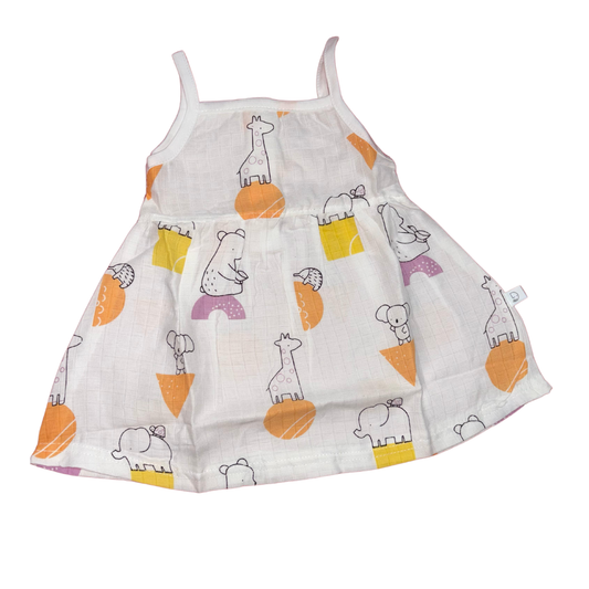 Muslin - Spaghetti Frock White (Giraffe And Elephant) Orange
