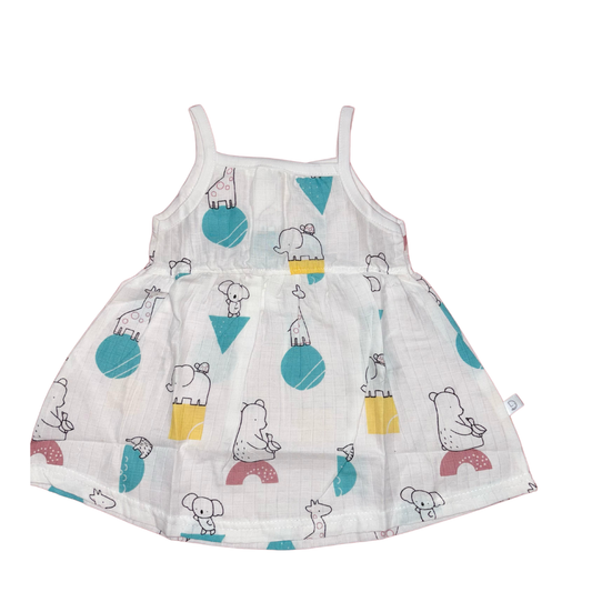 Muslin - Spaghetti Frock White (Giraffe And Elephant) Blue